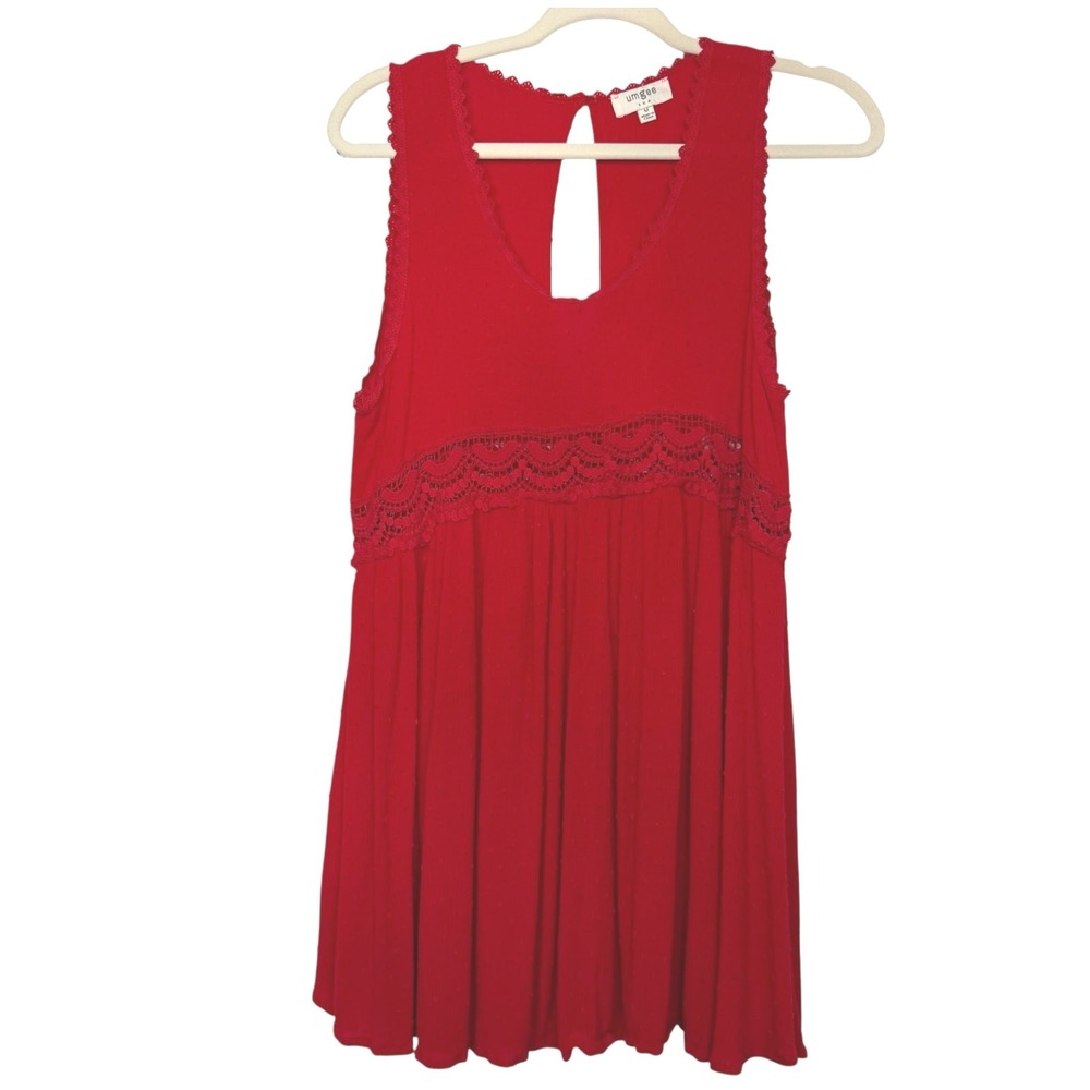 Umgee USA Swiss dot scoop neck scalloped open knit lace red tunic size Medium